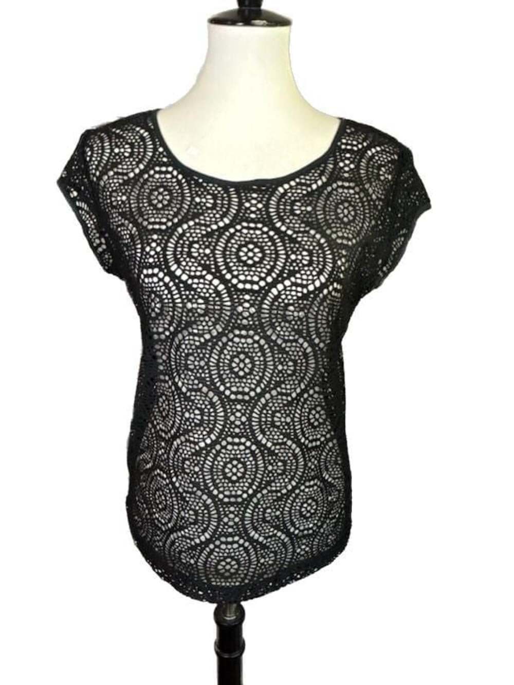 Andrew Charles Black Crochet Short Sleeve Crewneck Goth Witchy Top, S